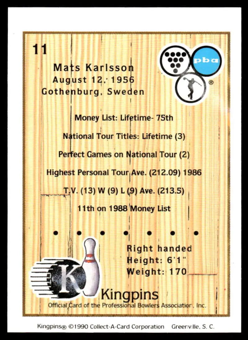 Bowling-themed player statistics card featuring Mats Karlsson career achievements PBA bowling card