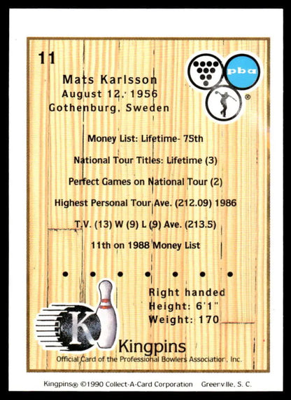 Bowling-themed player statistics card featuring Mats Karlsson career achievements PBA bowling card