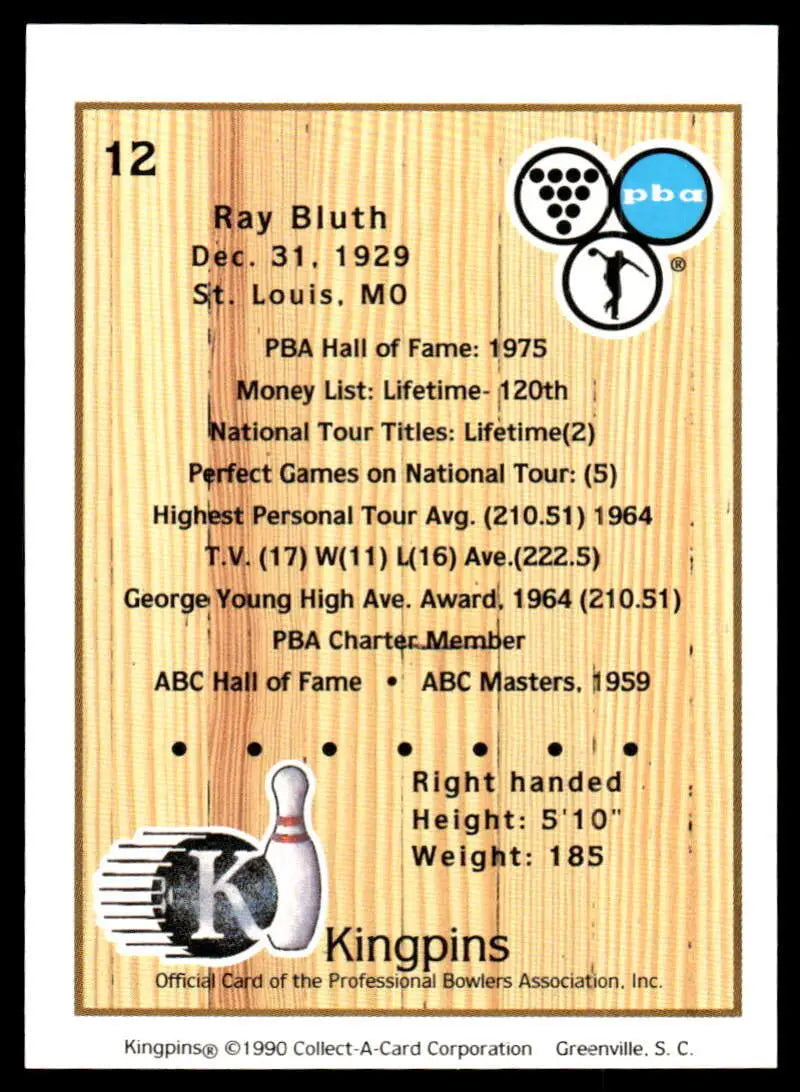 Bowling trading card of Ray Bluth showcasing PBA career statistics and achievements