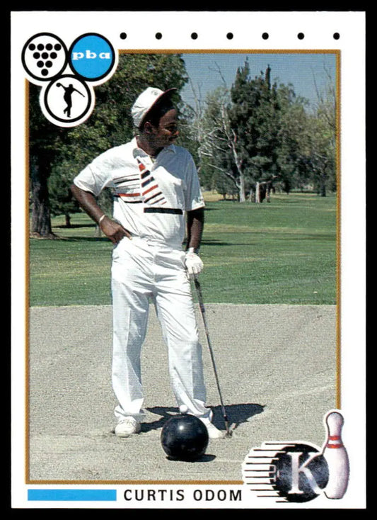 Golfer in white attire in sand bunker, showcasing 1990 Curtis Odom PBA Bowling Card