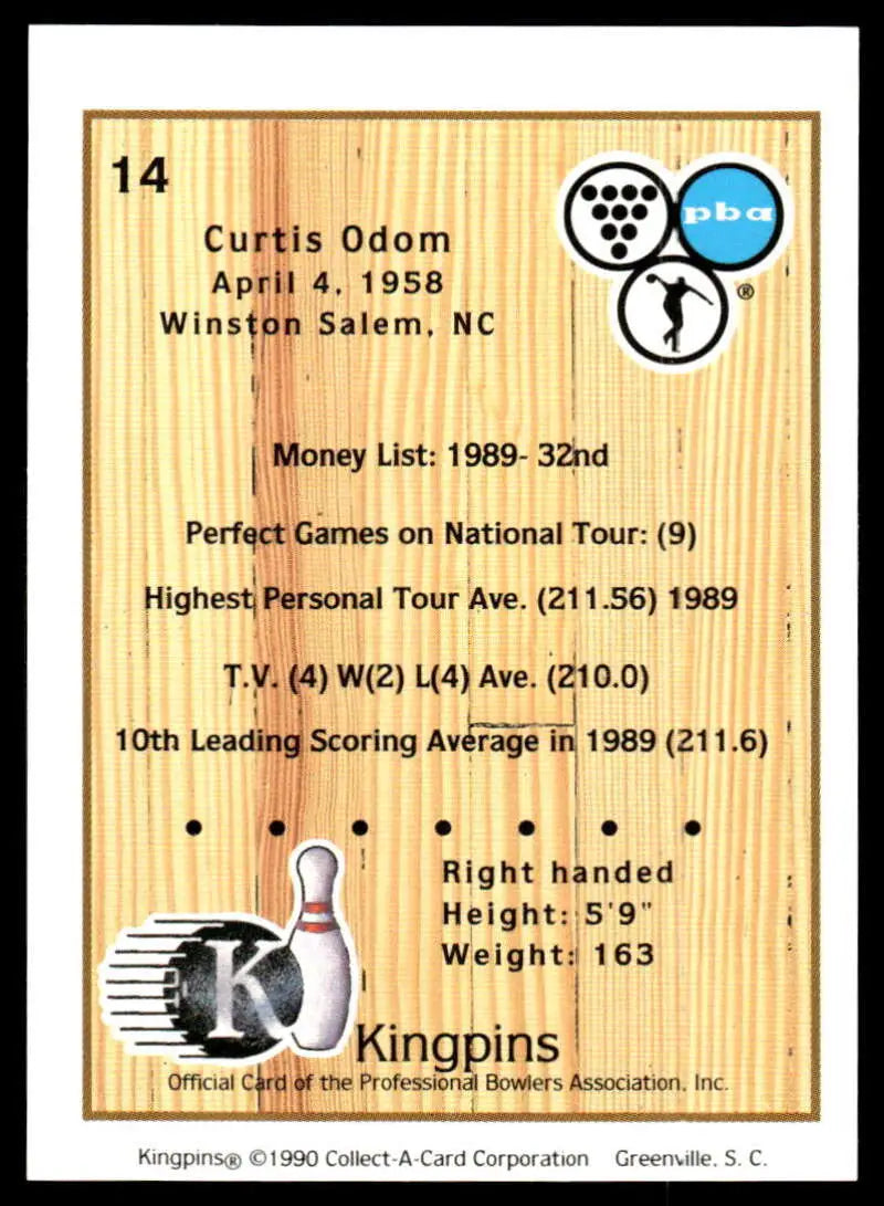 Bowling trading card featuring Curtis Odom statistics and achievements from 1989-1990