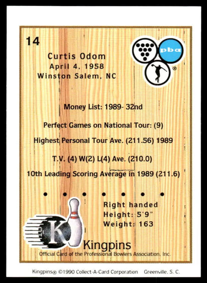 Bowling trading card featuring Curtis Odom statistics and achievements from 1989-1990
