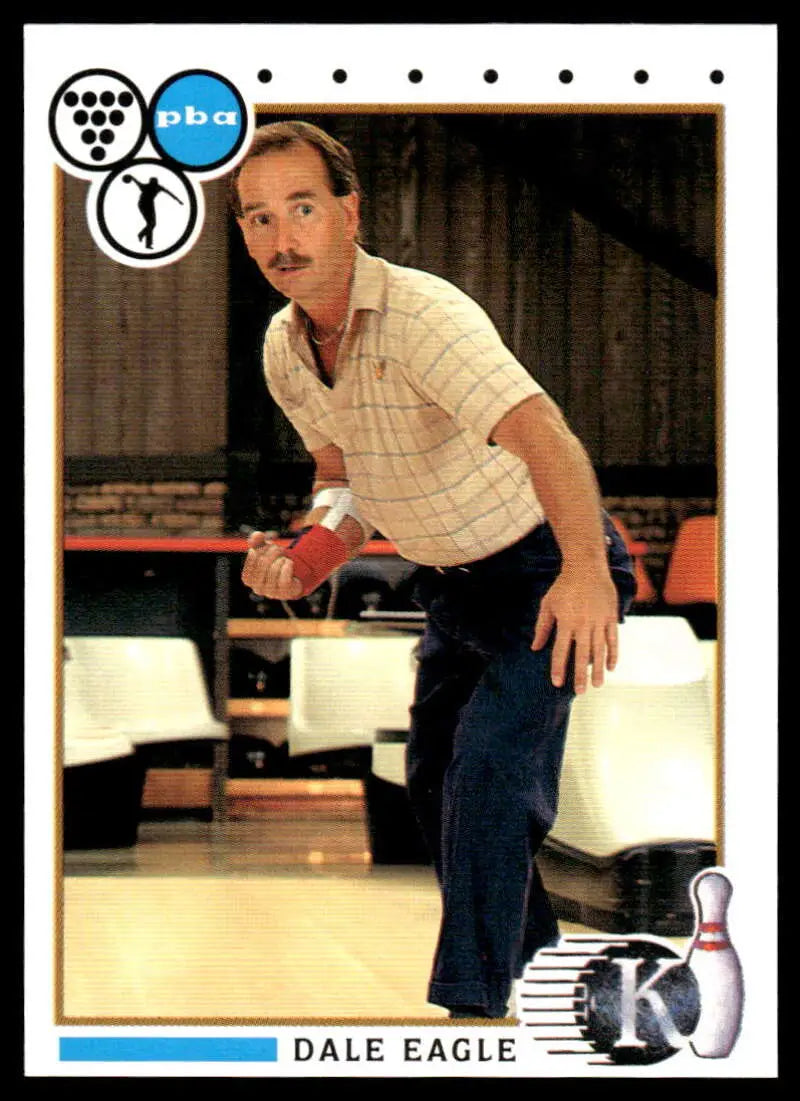 Professional bowler Dale Eagle mid-delivery on a lane for PBA Bowling Card