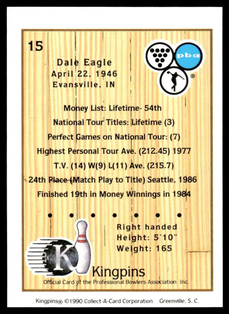 Dale Eagle Kingpins PBA Bowling Card showcasing his top professional bowling achievements