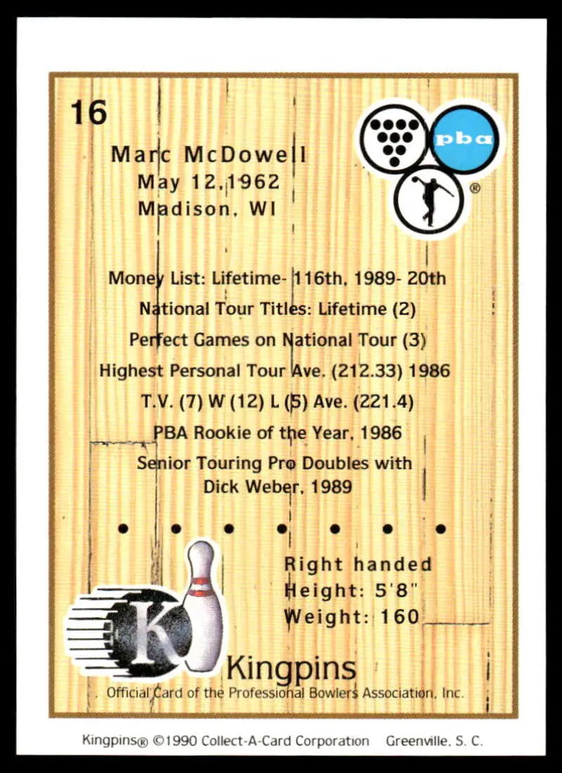 Bowling card featuring Marc McDowell statistics and bowling pin illustration