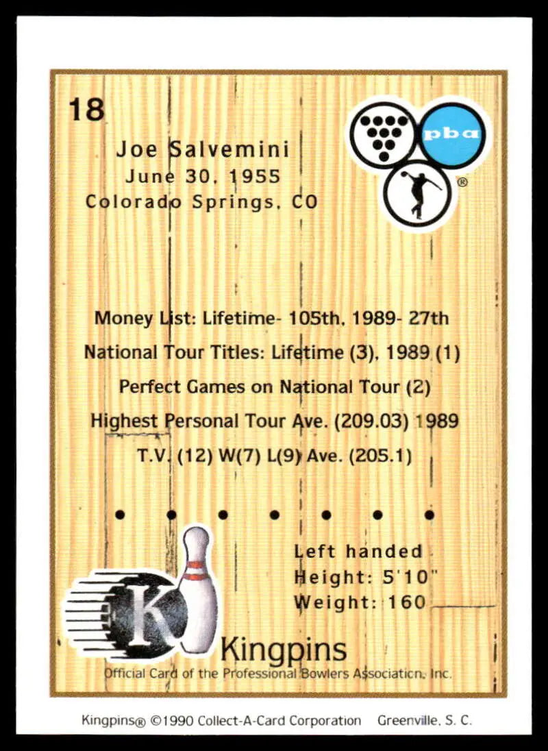Trading card featuring Joe Salvemini’s bowling statistics, 1990 PBA Bowling Card