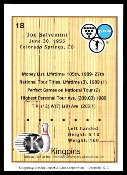 Trading card featuring Joe Salvemini’s bowling statistics, 1990 PBA Bowling Card