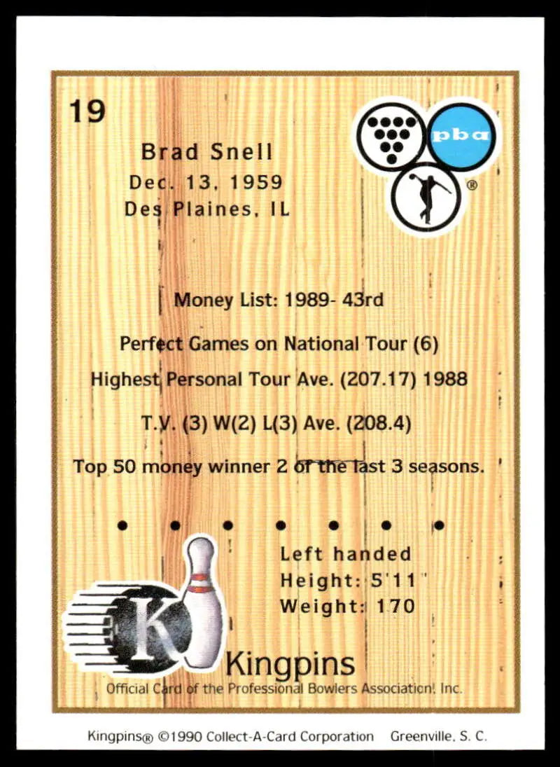 Bowling trading card of Brad Snell showcasing PBA statistics from 1989-1990