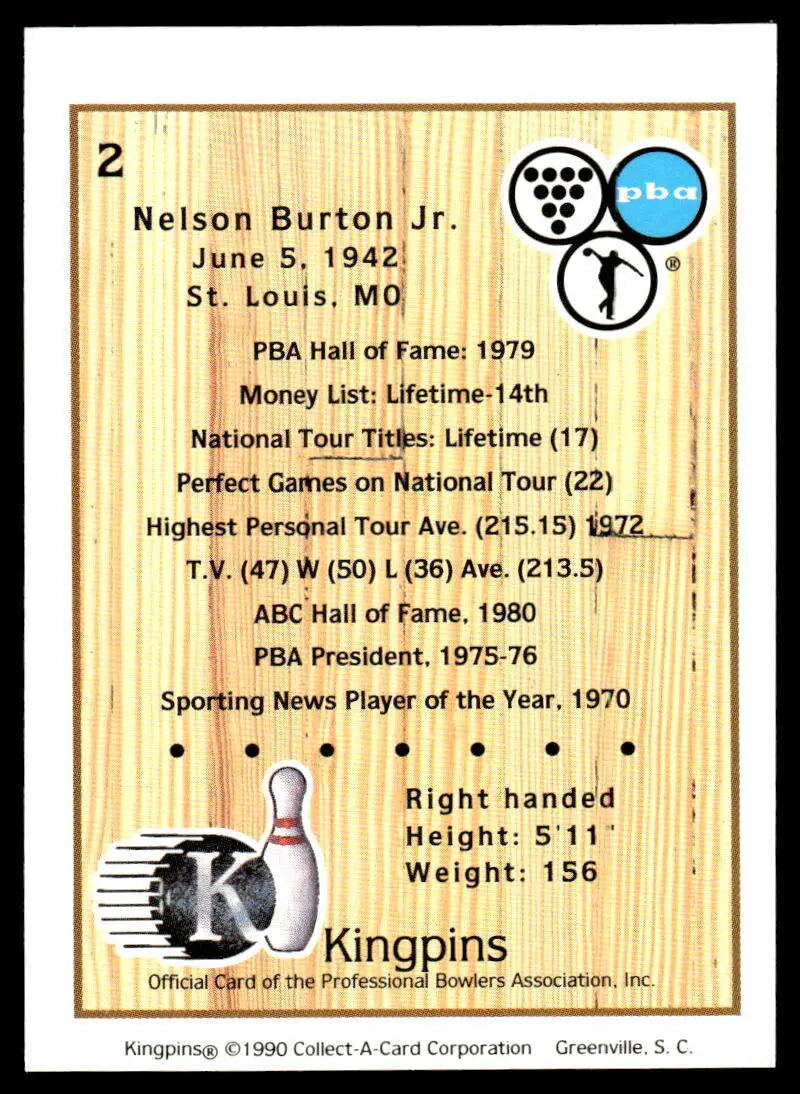 Bowling trading card showcasing Nelson Burton’s PBA achievements and statistics