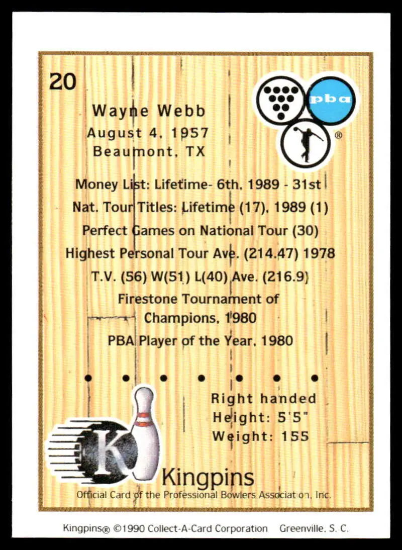 Wayne Webb PBA Bowling Card showcasing career stats from 1957-1989 in Kingpins series