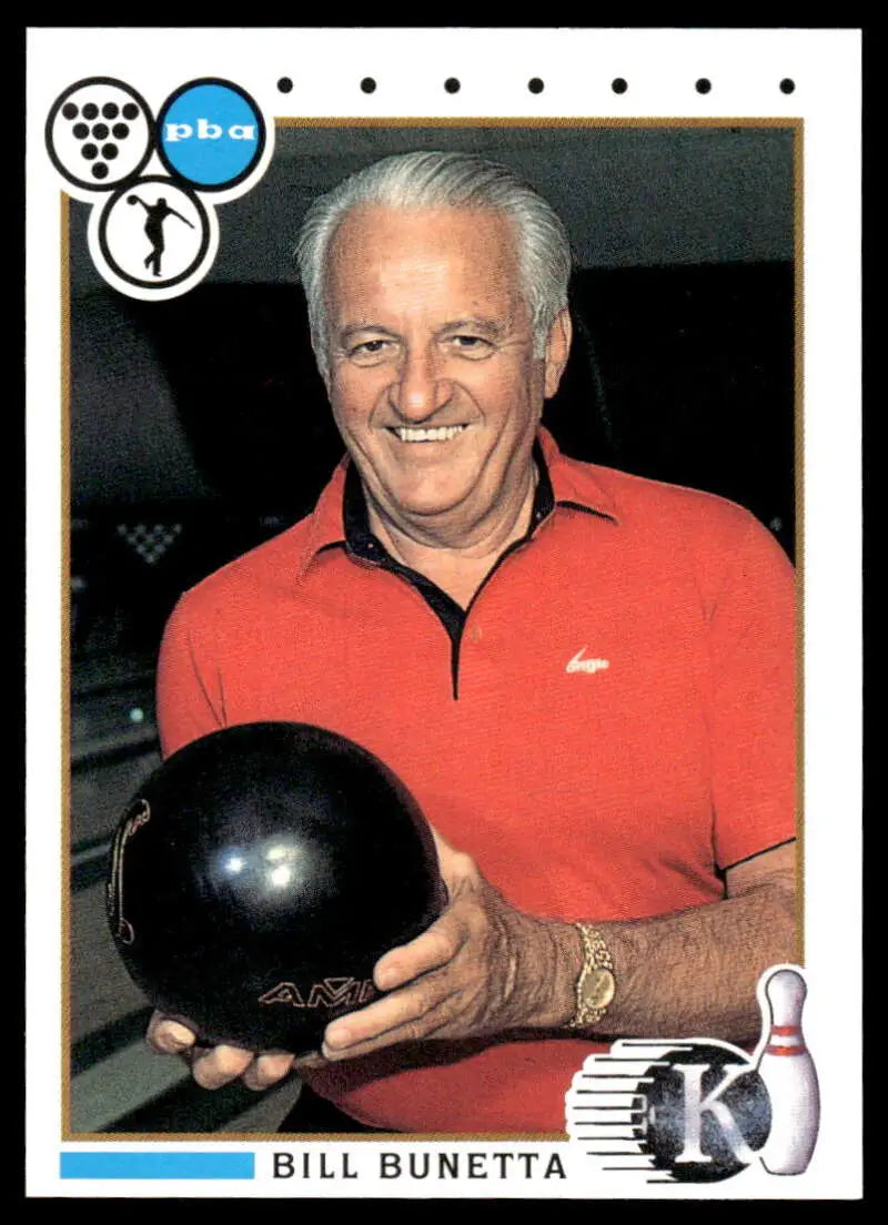A player in a red polo shirt holds a black bowling ball for a PBA bowling card