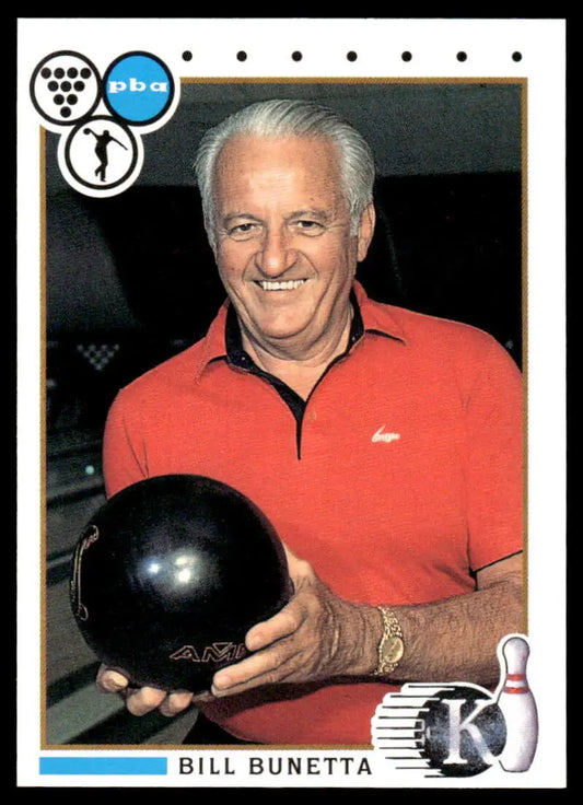 A player in a red polo shirt holds a black bowling ball for a PBA bowling card