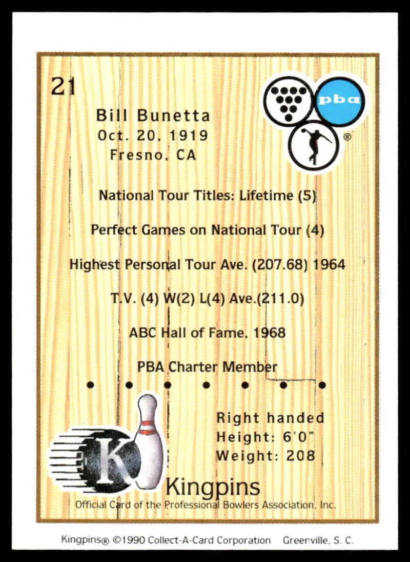 PBA bowling card featuring Bill Bunetta’s stats and information from 1990 Kingpins series