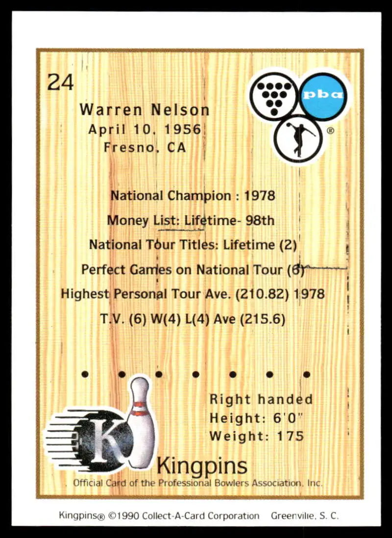 Bowling trading card featuring Warren Nelson stats and a bowling pin illustration