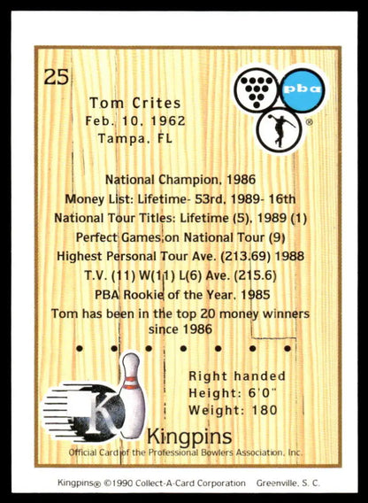 Bowling-themed PBA Bowling Card featuring Tom Crites and a bowling pin illustration