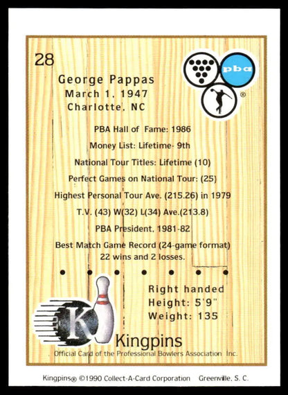 Trading card showcasing George Pappas’ PBA bowling stats and achievements