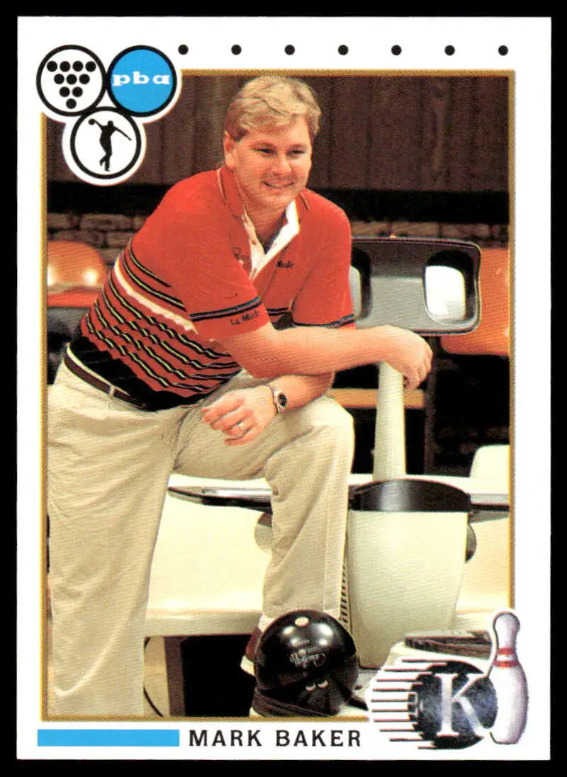 Mark Baker in red striped polo with bowling equipment on 1990 PBA Bowling Card