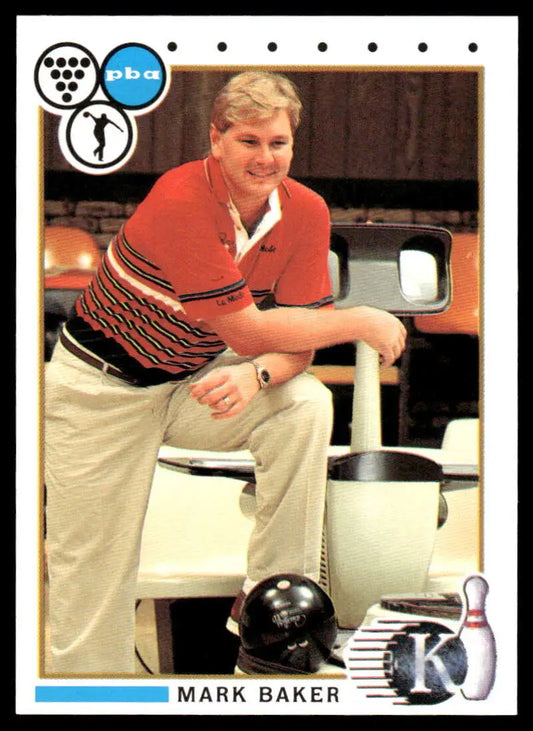 Mark Baker in red striped polo with bowling equipment on 1990 PBA Bowling Card