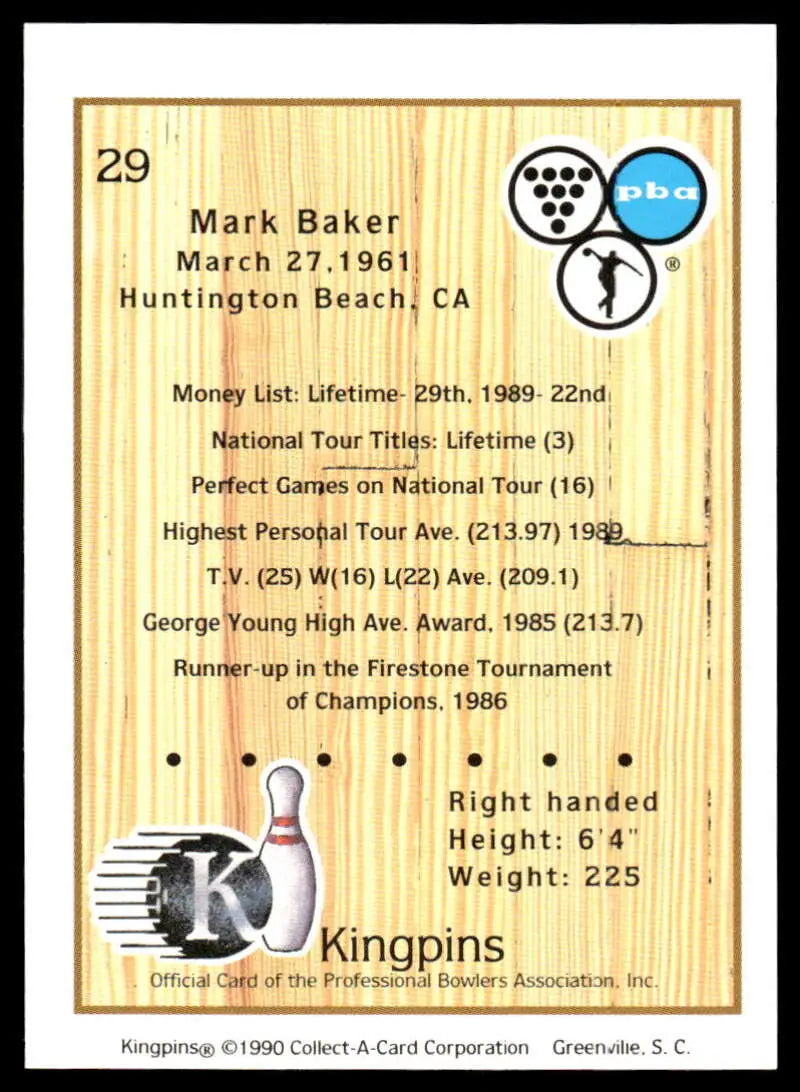 PBA Bowling Card featuring Mark Baker’s statistics and career achievements