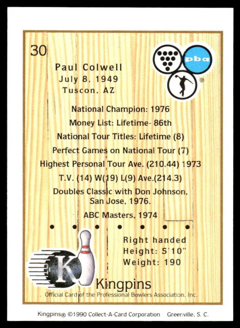 Bowling-themed trading card of Paul Colwell featuring 1976 National Champion stats