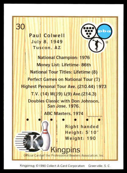 Bowling-themed trading card of Paul Colwell featuring 1976 National Champion stats