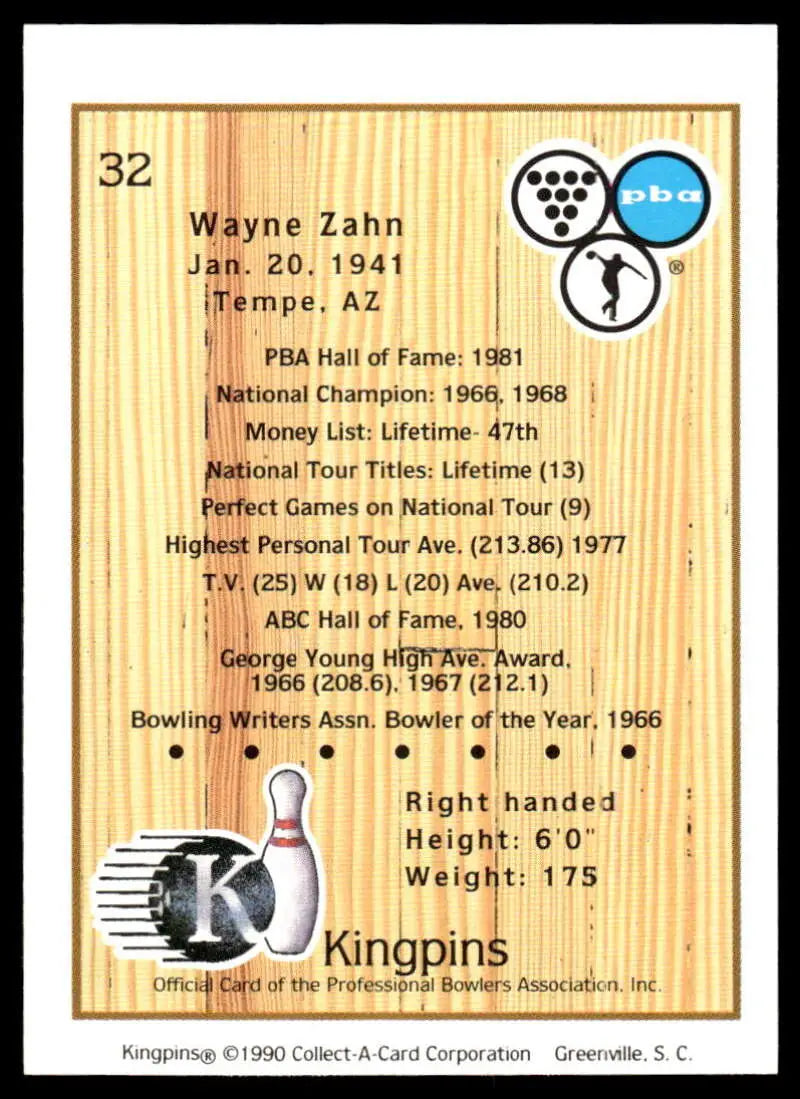 Vintage PBA Bowling Card featuring Wayne Zahn’s statistics from 1941-1980