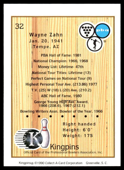 Vintage PBA Bowling Card featuring Wayne Zahn’s statistics from 1941-1980