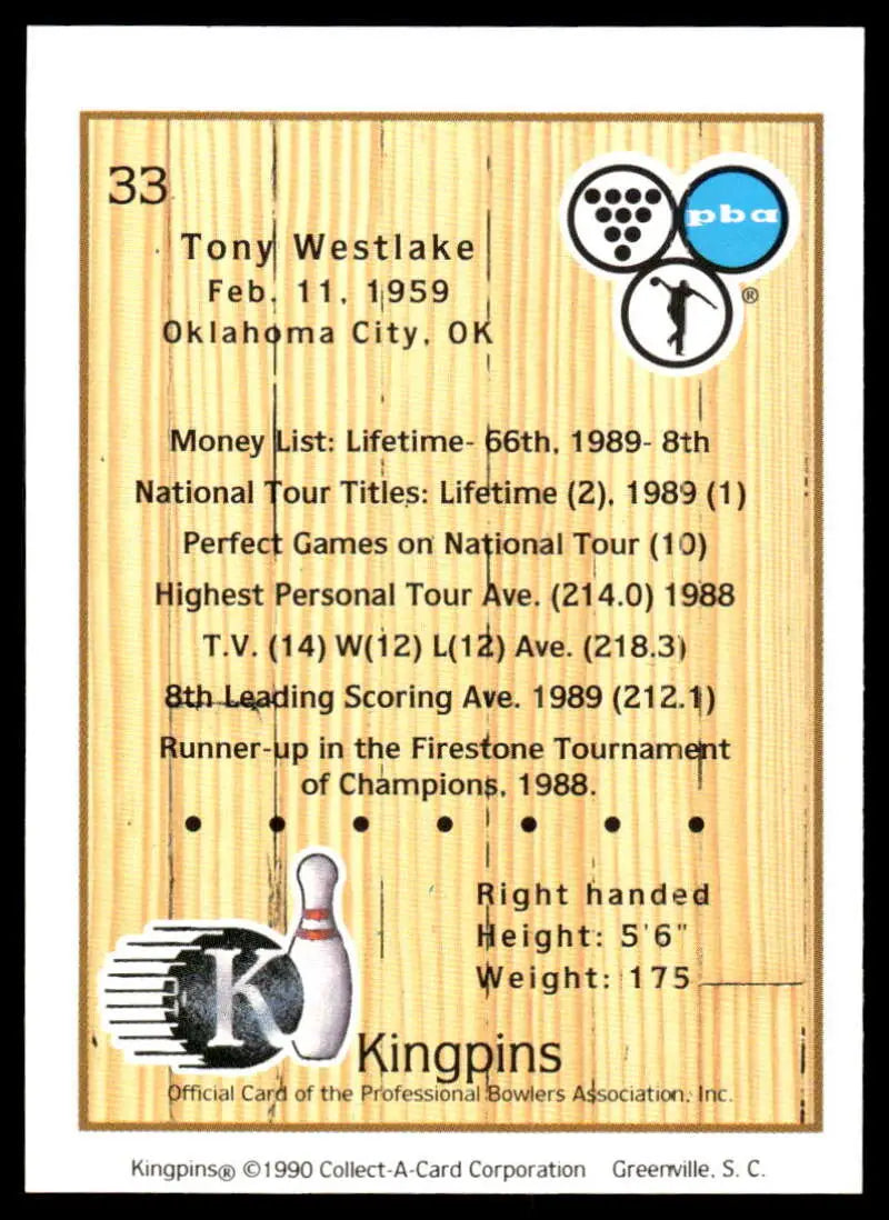 Bowling-themed trading card featuring Tony Westlake and PBA bowling statistics
