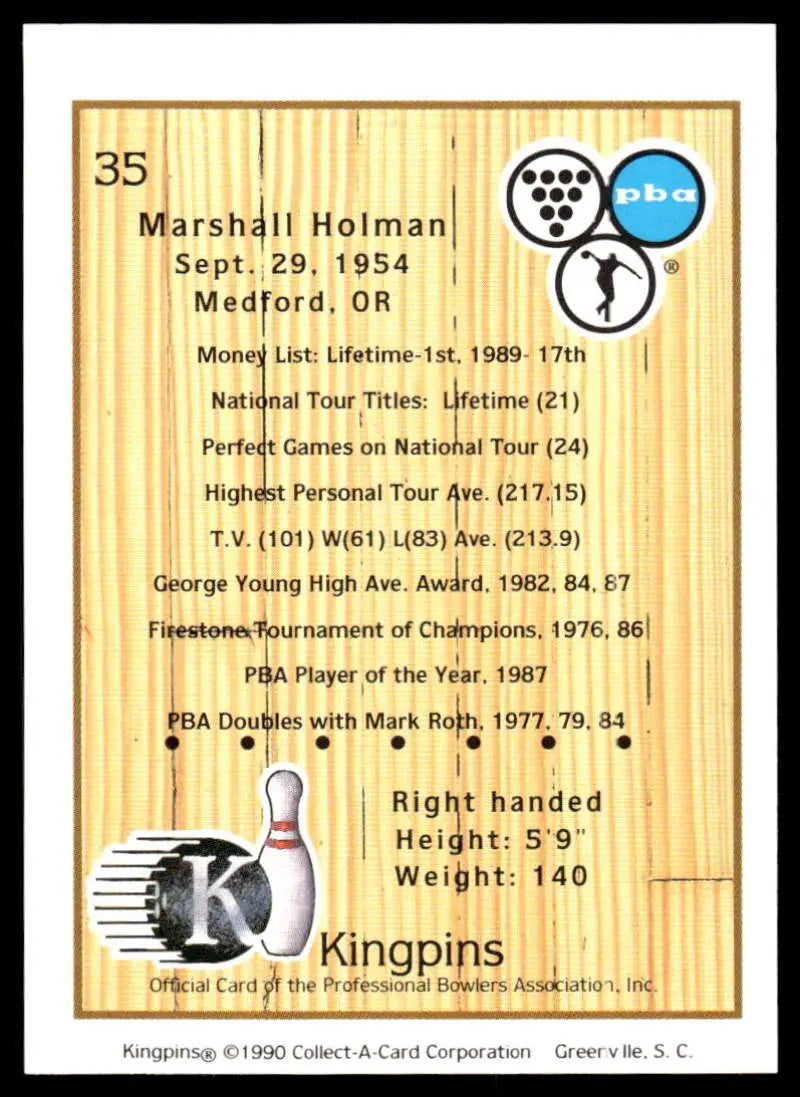 Bowling pin trading card featuring Marshall Holman’s PBA bowling statistics and achievements