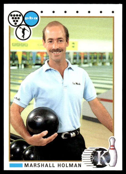 Marshall Holman in light blue polo with bowling ball for PBA Bowling Card