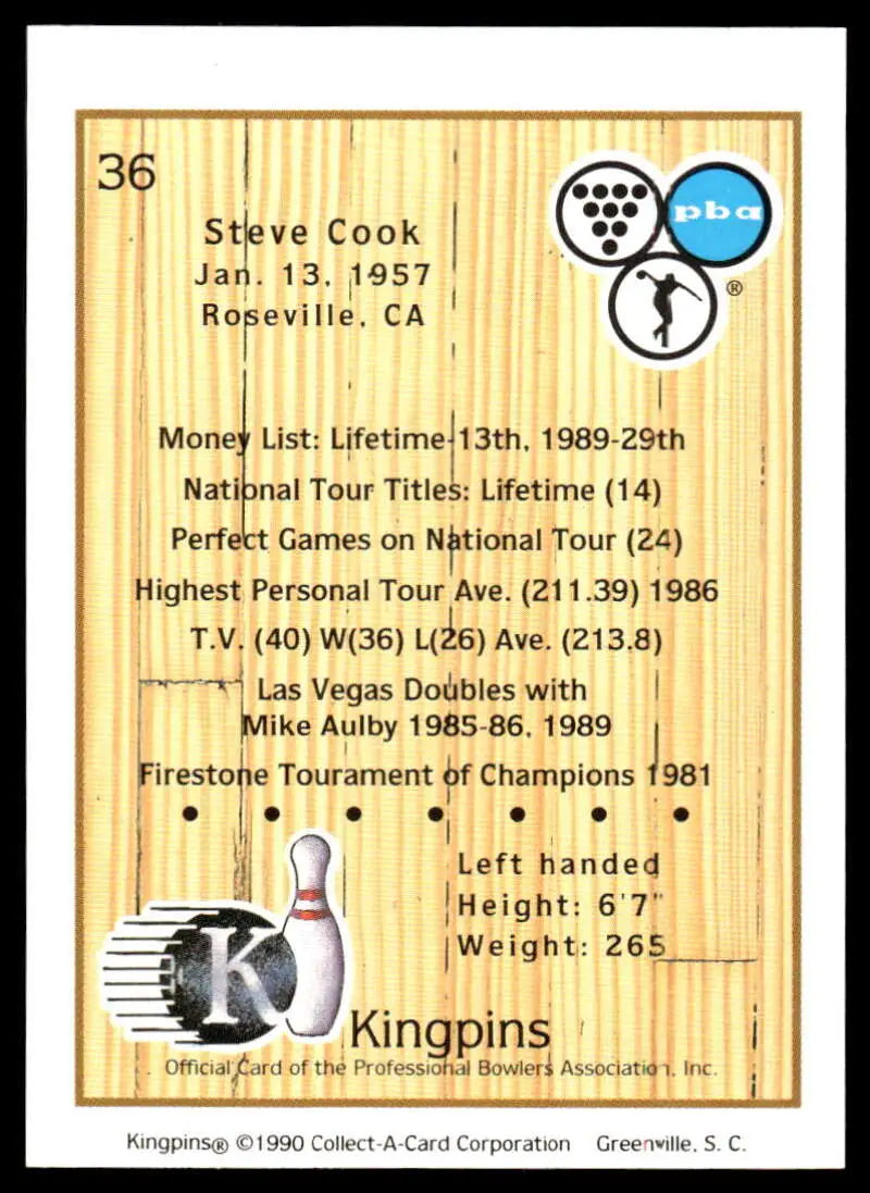 Bowling-themed trading card for Steve Cook showcasing PBA player statistics and achievements