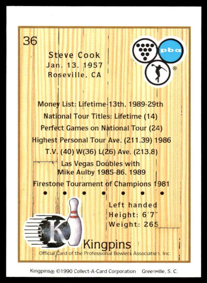 Bowling-themed trading card for Steve Cook showcasing PBA player statistics and achievements
