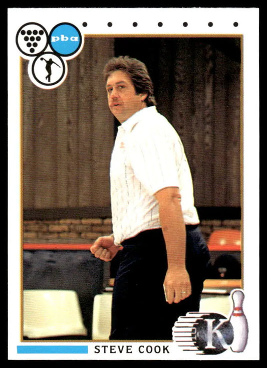 Steve Cook stands on a bowling lane in 1990 Kingpins #36 PBA Bowling Card image