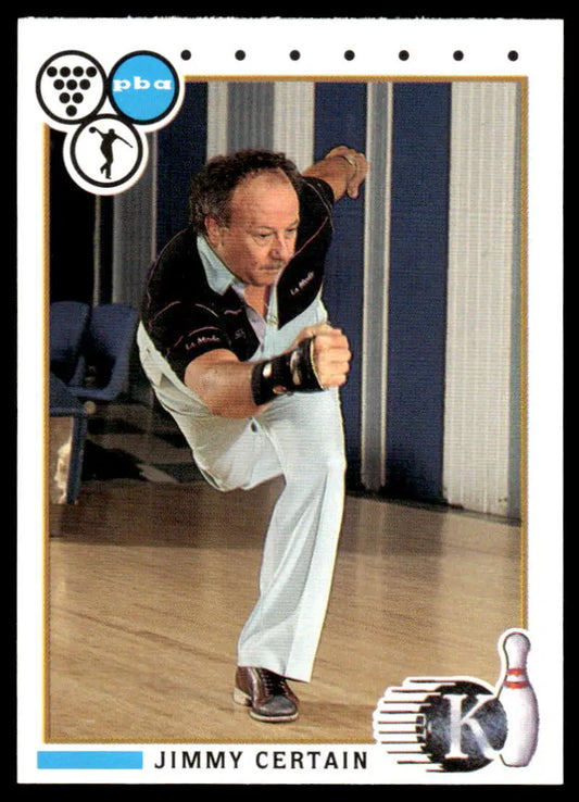 Professional bowler mid-delivery in black and white shirt on PBA Bowling Card