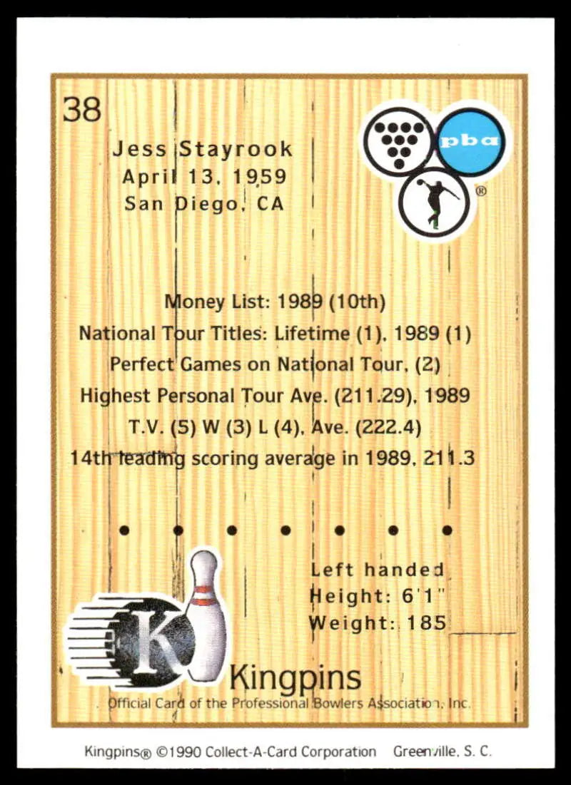 Bowling pin and ball trading card featuring Jess Stayrook PBA player stats and achievements