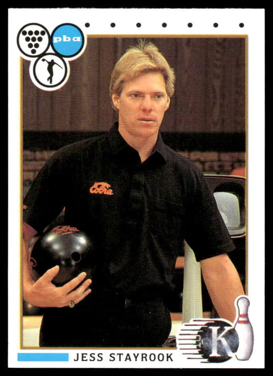 Jess Stayrook in a black polo shirt holding a bowling ball on a PBA Bowling Card