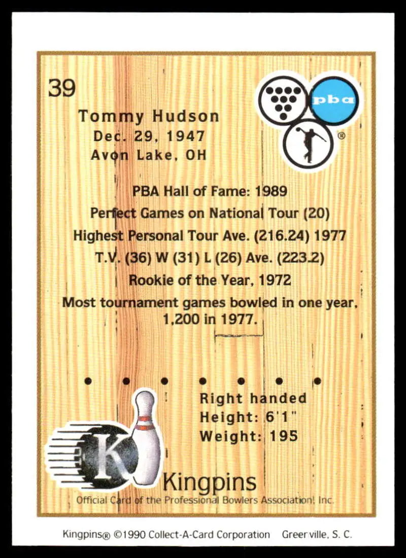 Bowling trading card featuring Tommy Hudson statistics from 1990 PBA Bowling Card
