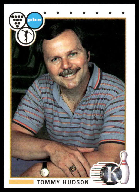 Vintage PBA Bowling Card featuring smiling Tommy Hudson in striped polo shirt