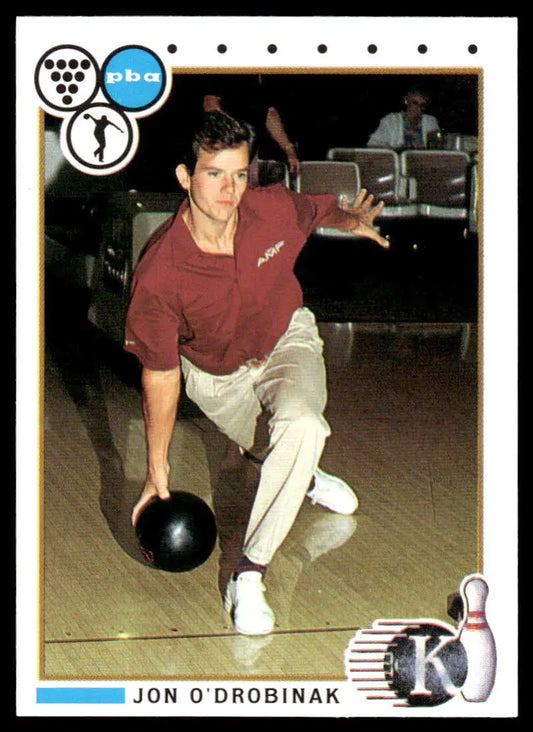 Jon O’Drobinak in red shirt and white pants releasing a bowling ball on PBA Bowling Card