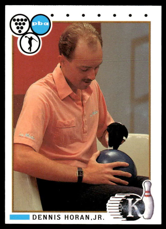 Dennis Horan in peach polo with bowling ball on 1990 PBA Bowling Card
