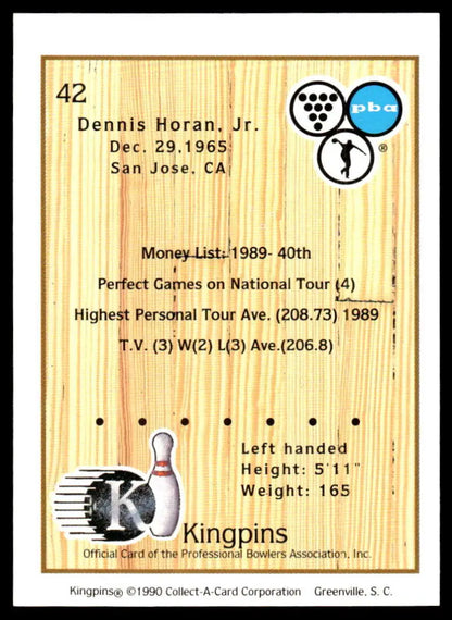 Dennis Horan PBA Bowling Card showcasing statistics on a wooden background