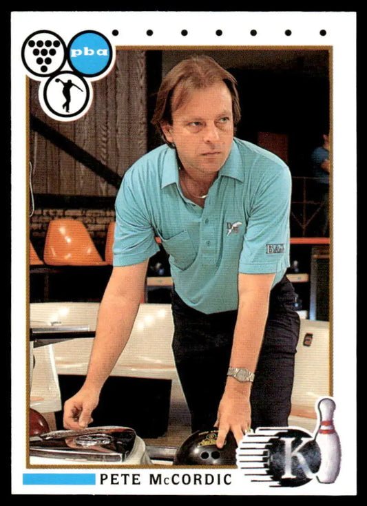 Professional bowler Pete McCordic on bowling lane in light blue polo, PBA Bowling Card