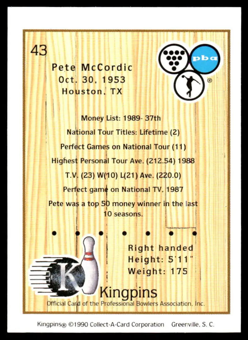 Vintage 1953 Pete McCordic PBA Bowling Card showcasing player statistics and achievements