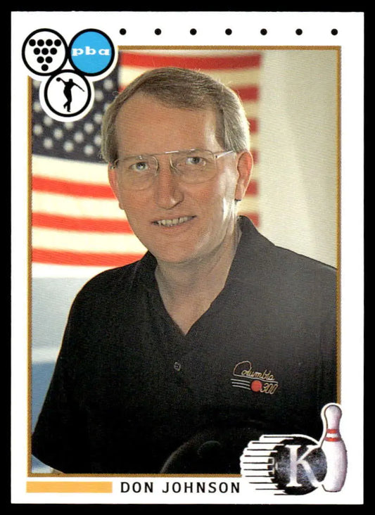 Professional bowler Don Johnson in glasses wearing a black polo shirt for PBA Bowling Card