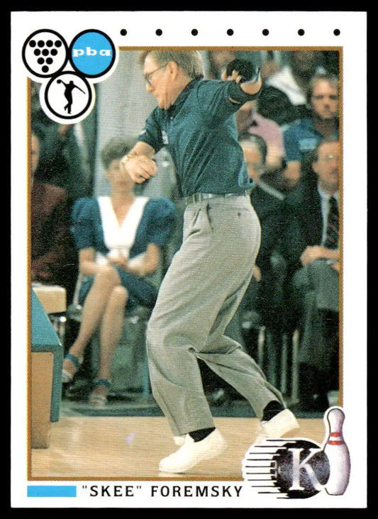 Professional bowler Skee Foremsky in mid-delivery on 1990 PBA Bowling Card