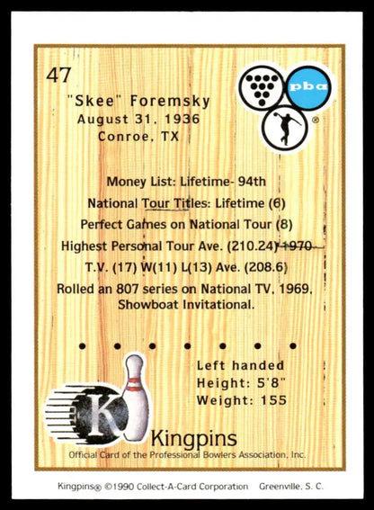 Vintage PBA Bowling card featuring Skee Foremsky’s stats on a wood-grain background