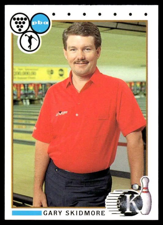 Bowler in red shirt and navy pants at alley, featured on Gary Skidmore PBA Bowling Card