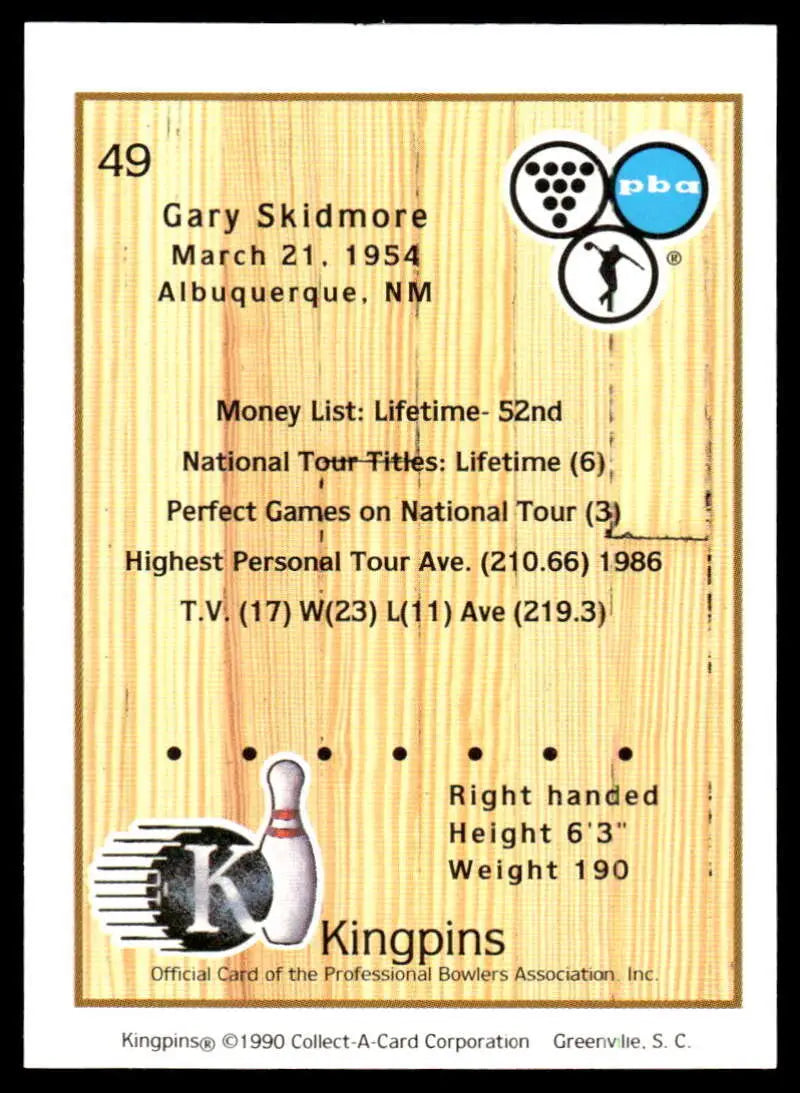 Bowling trading card featuring Gary Skidmore’s career statistics and PBA achievements