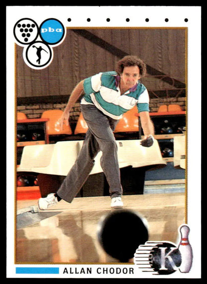 Bowler Allan Chodor mid-delivery on a lane featured in PBA Bowling Card