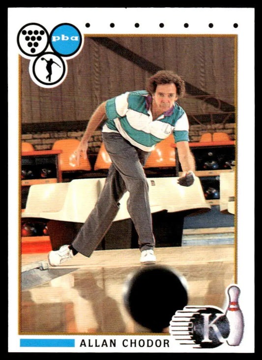Bowler Allan Chodor mid-delivery on a lane featured in PBA Bowling Card